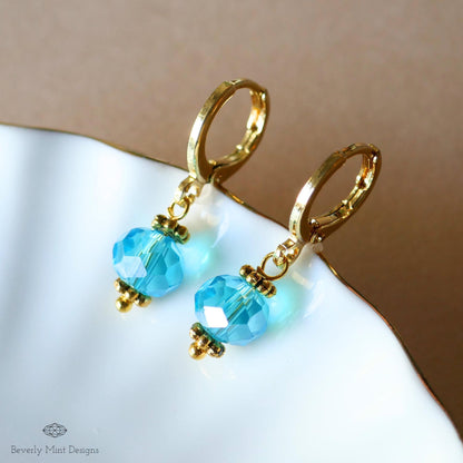 Gold Hoop Earrings with Blue Beads ,Handmade Dangle Earrings, Elegant Jewelry for Women, Sensitive Ear & Clip-On Options