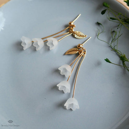 Lily of the Valley Dangle Earrings, Gold Leaf Nature Inspired Jewelry