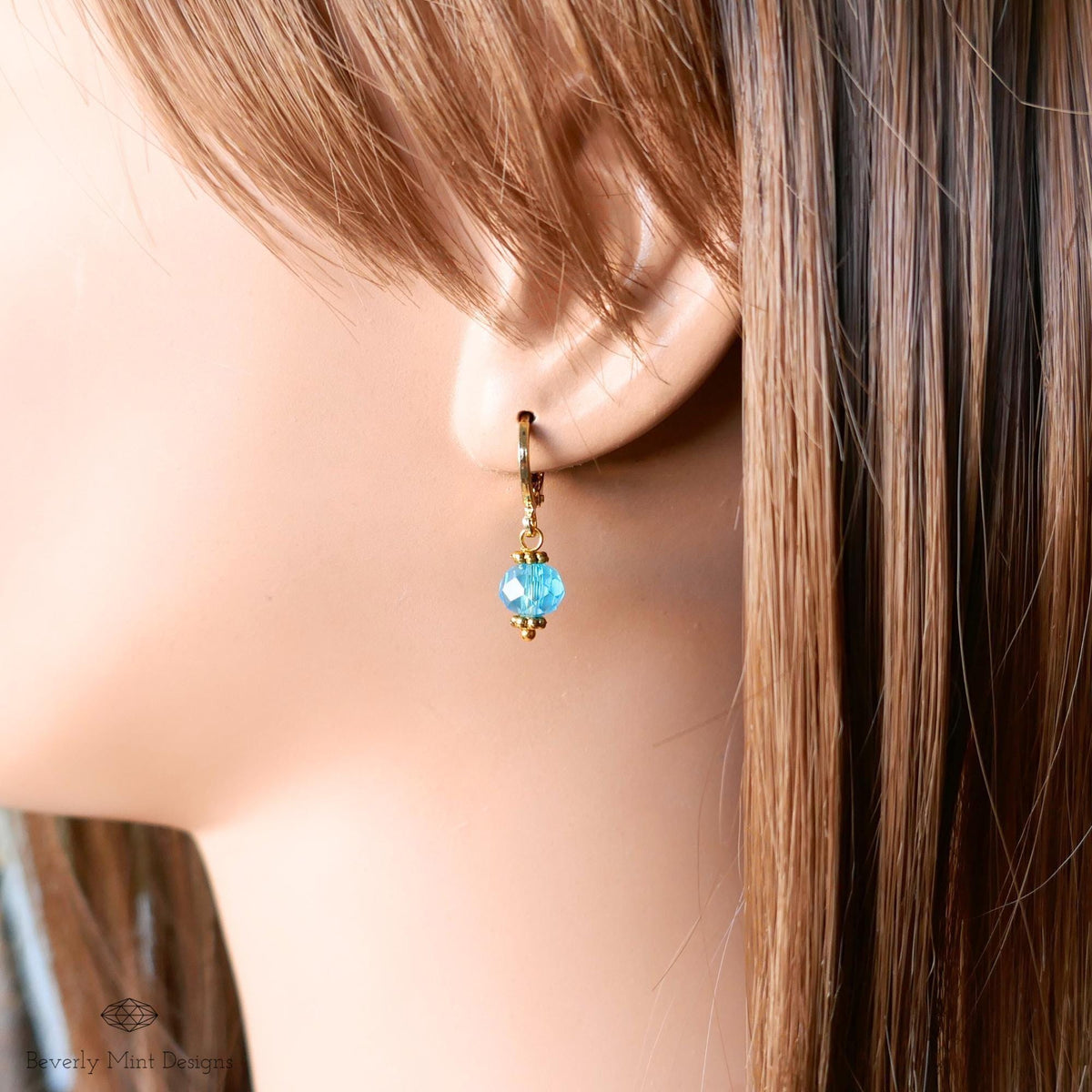 Gold Hoop Earrings with Blue Beads ,Handmade Dangle Earrings, Elegant Jewelry for Women, Sensitive Ear & Clip-On Options