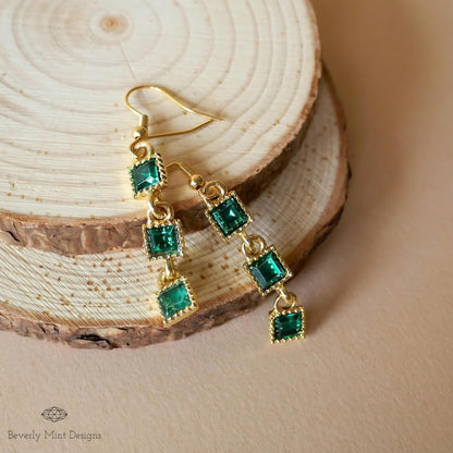 Green Dangle Earrings, Dangle and Drop Earrings with Green Gem Stones, Unique Earrings, Long Earrings, Emerald Green Retro Earrings