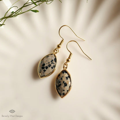Dalmatian Jasper Hoop Earrings, Leopard Pattern Stone Earrings, Marquise Drop Earrings, Sensitive Ear & Clip-On Options
