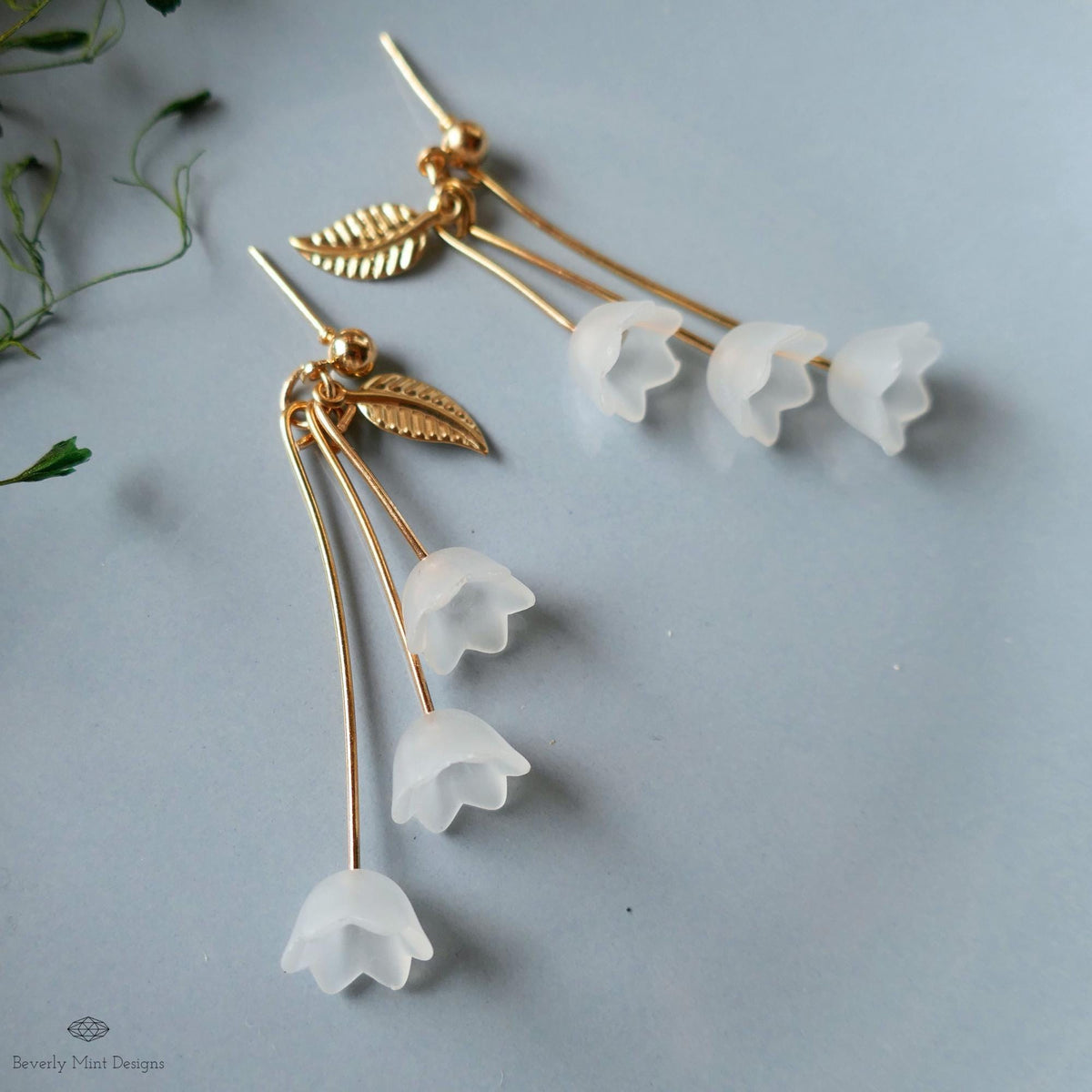 Lily of the Valley Dangle Earrings, Gold Leaf Nature Inspired Jewelry