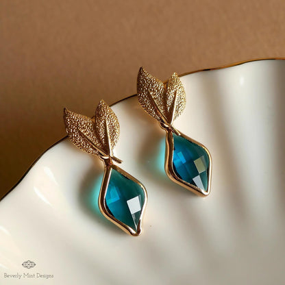 Gold Leaf Earrings, Blue Gemstone Dangle Earrings, Nature-Inspired Jewelry for Women, Something Blue Earrings
