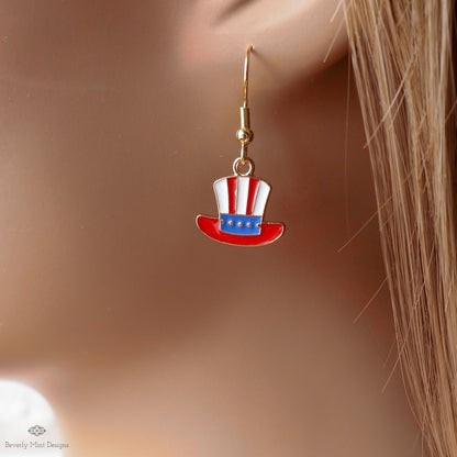 Patriotic Hat Earrings, Uncle Sam Hat Jewelry, Red White Blue Dangle Earrings, USA 4th of July Earrings, Sensitive Ear & Clip-On Options