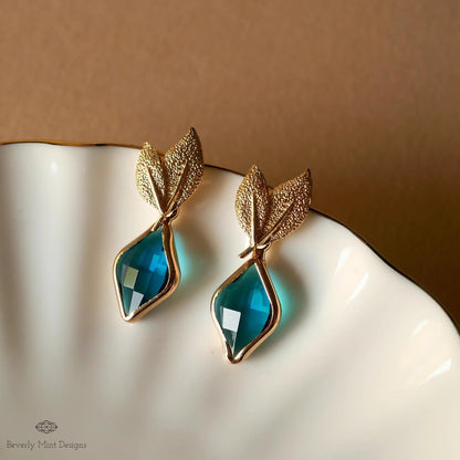 Gold Leaf Earrings, Blue Gemstone Dangle Earrings, Nature-Inspired Jewelry for Women, Something Blue Earrings