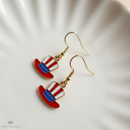 Patriotic Hat Earrings, Uncle Sam Hat Jewelry, Red White Blue Dangle Earrings, USA 4th of July Earrings, Sensitive Ear & Clip-On Options