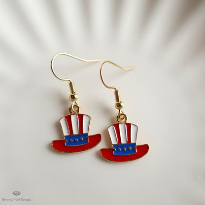 Patriotic Hat Earrings, Uncle Sam Hat Jewelry, Red White Blue Dangle Earrings, USA 4th of July Earrings, Sensitive Ear & Clip-On Options