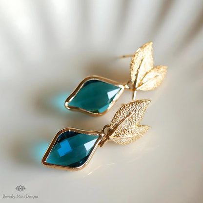 Gold Leaf Earrings, Blue Gemstone Dangle Earrings, Nature-Inspired Jewelry for Women, Something Blue Earrings