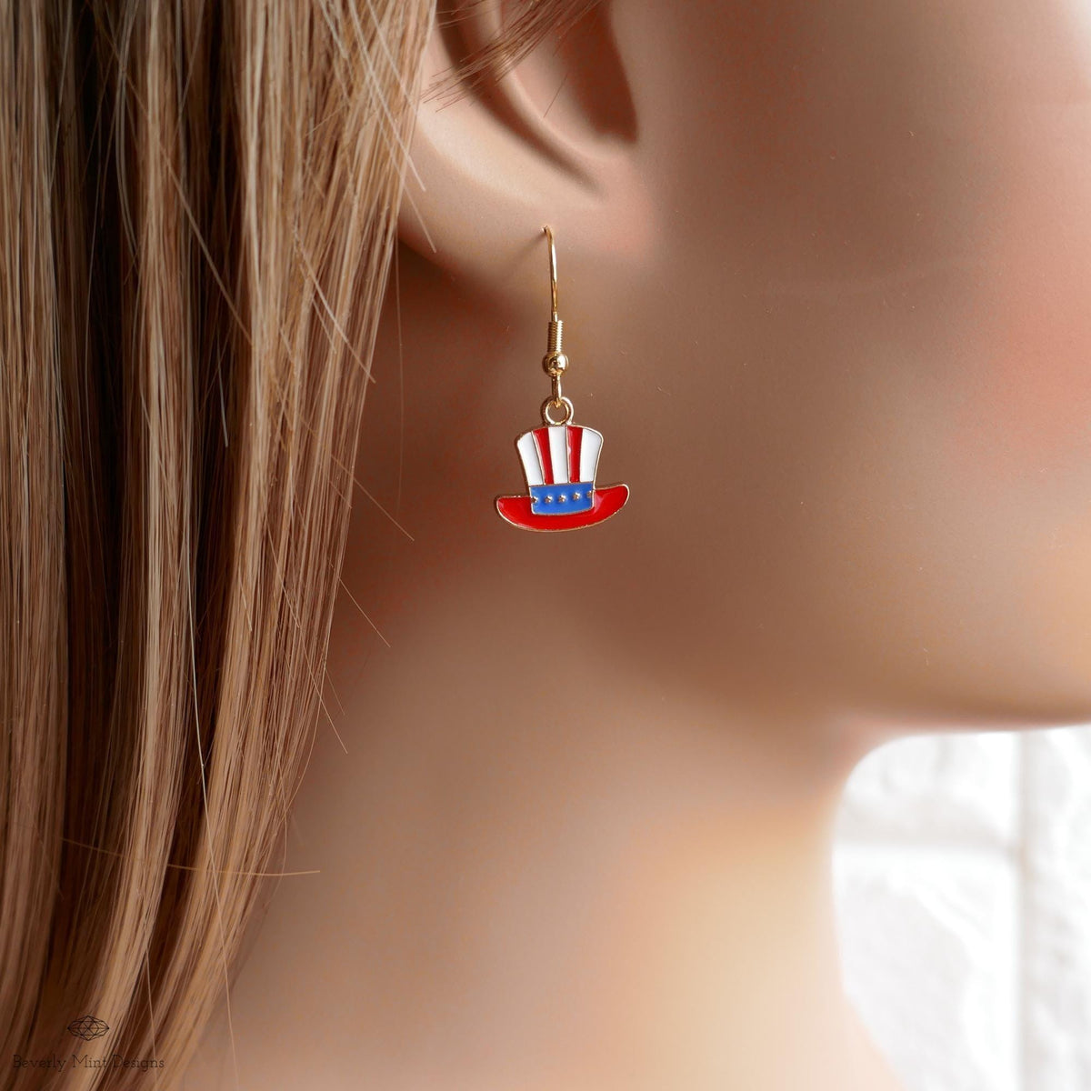 Patriotic Hat Earrings, Uncle Sam Hat Jewelry, Red White Blue Dangle Earrings, USA 4th of July Earrings, Sensitive Ear & Clip-On Options