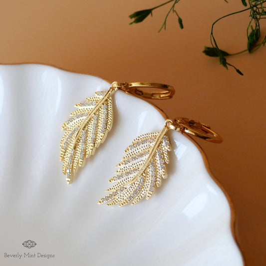Gold Leaf Earrings with 18K Gold Posts, Leafy Dangle and Drop Earrings, Anniversary Gift, Sensitive Ear & Clip-On Options