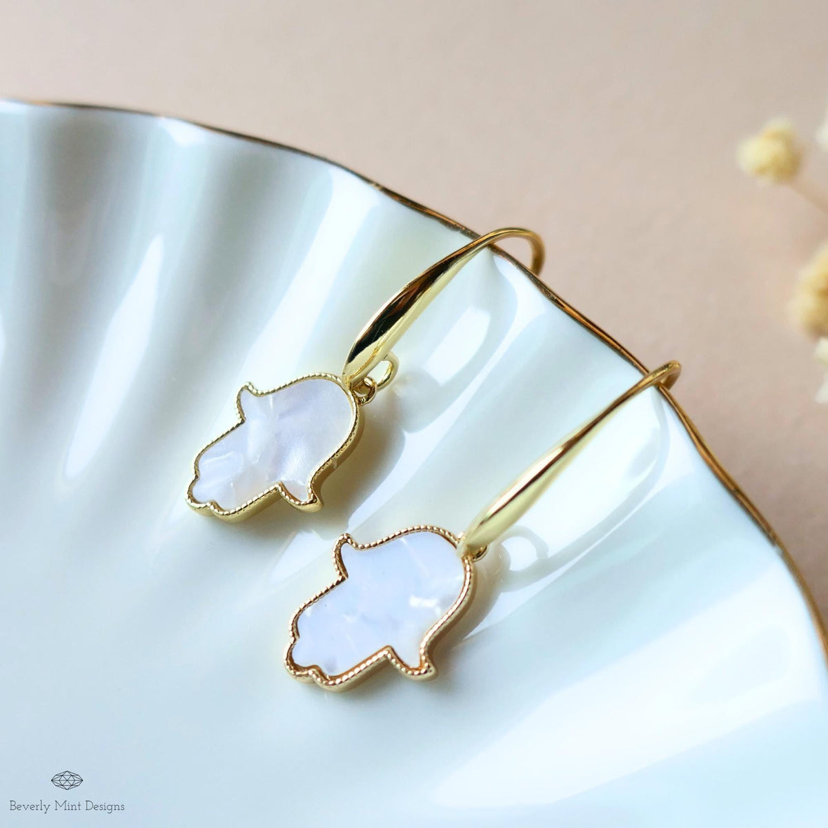 Gold Hamsa Hand Earrings, Mother of Pearl Style Drop Earrings, Dainty Spiritual Jewelry, Sensitive Ear & Clip-On Options