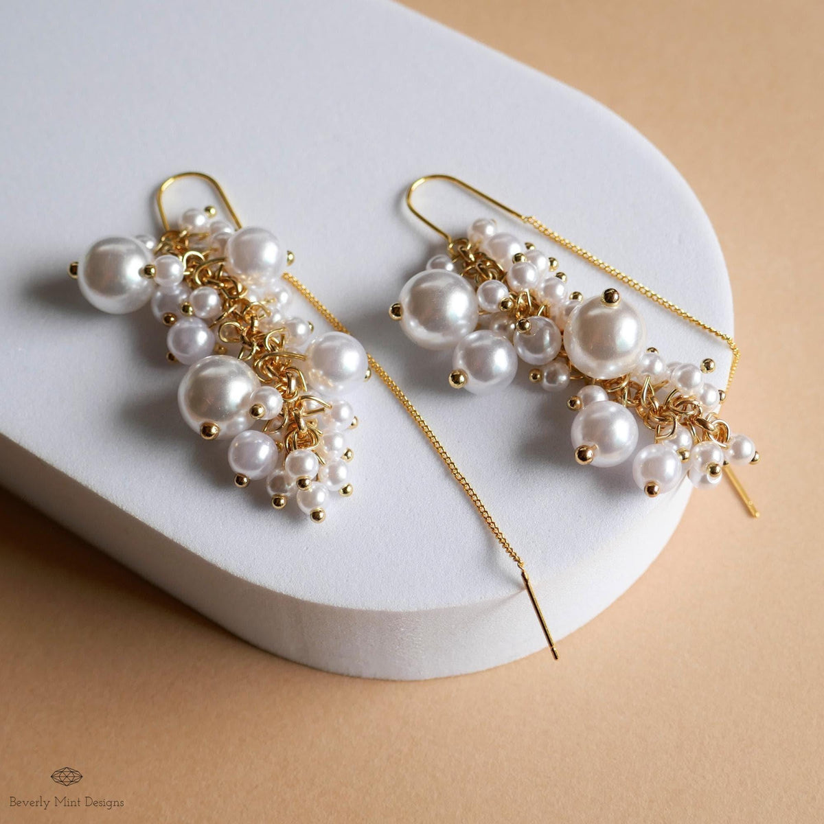 Pearl Cluster Threader Earrings, Long Statement Drop Earrings, Gold Chain Bridal Jewelry, Elegant, Sensitive Ear & Clip-On Options