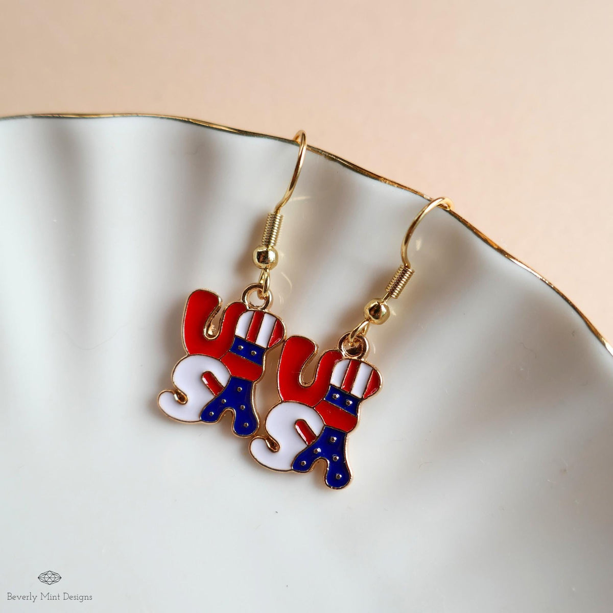 USA Patriotic Earrings, Red White Blue Dangle Jewelry, American Flag Letter Earrings, Sensitive Ear & Clip-On Options