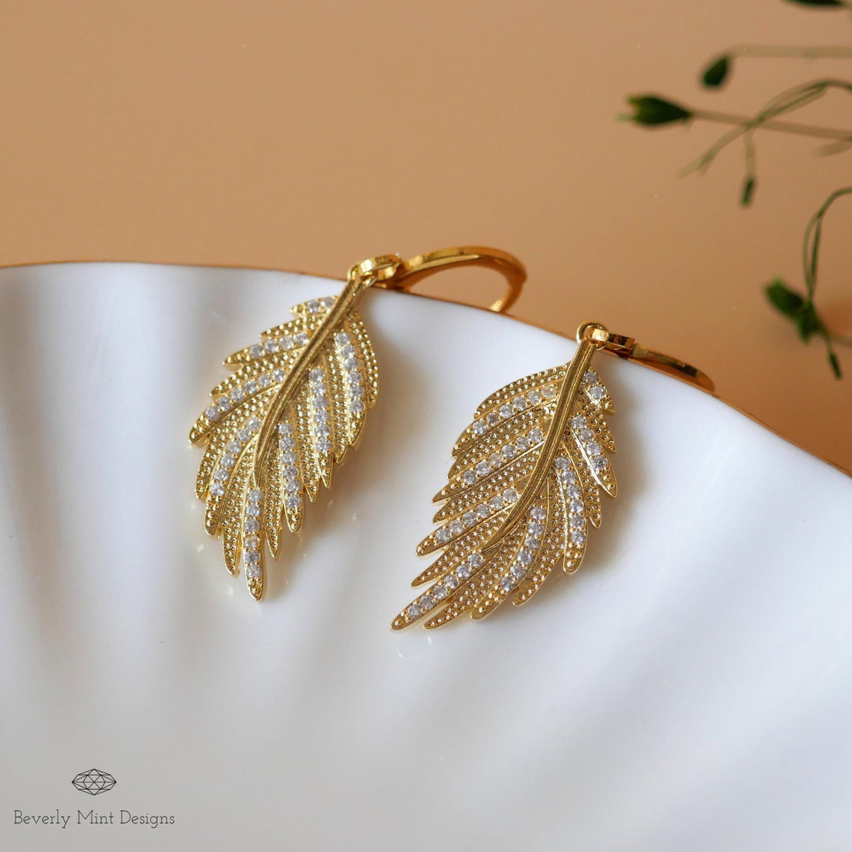 Gold Leaf Earrings with 18K Gold Posts, Leafy Dangle and Drop Earrings, Anniversary Gift, Sensitive Ear & Clip-On Options