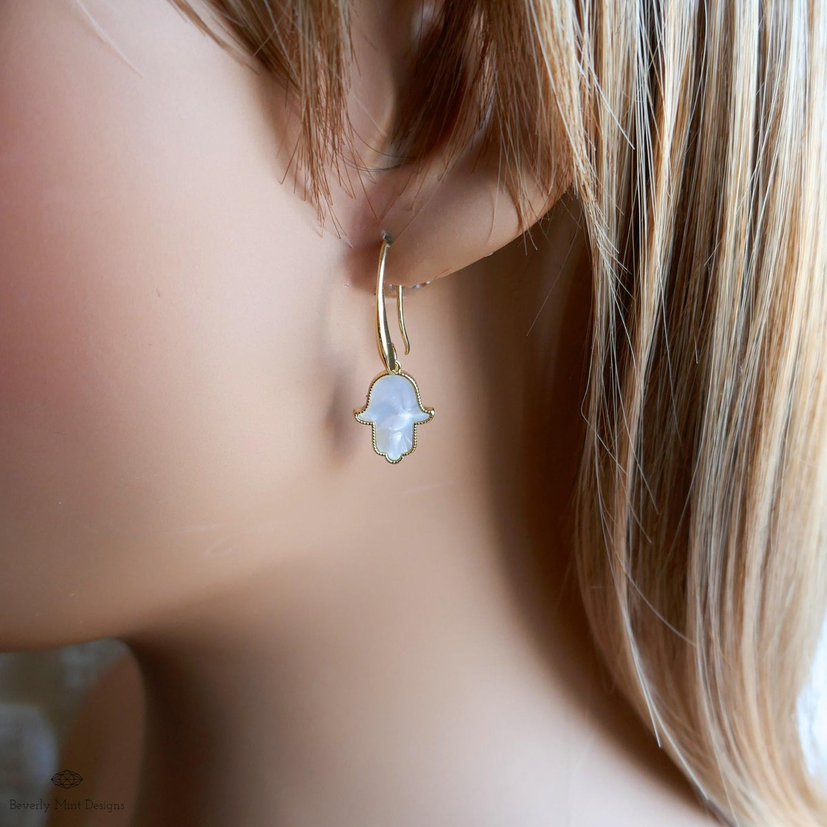 Gold Hamsa Hand Earrings, Mother of Pearl Style Drop Earrings, Dainty Spiritual Jewelry, Sensitive Ear & Clip-On Options