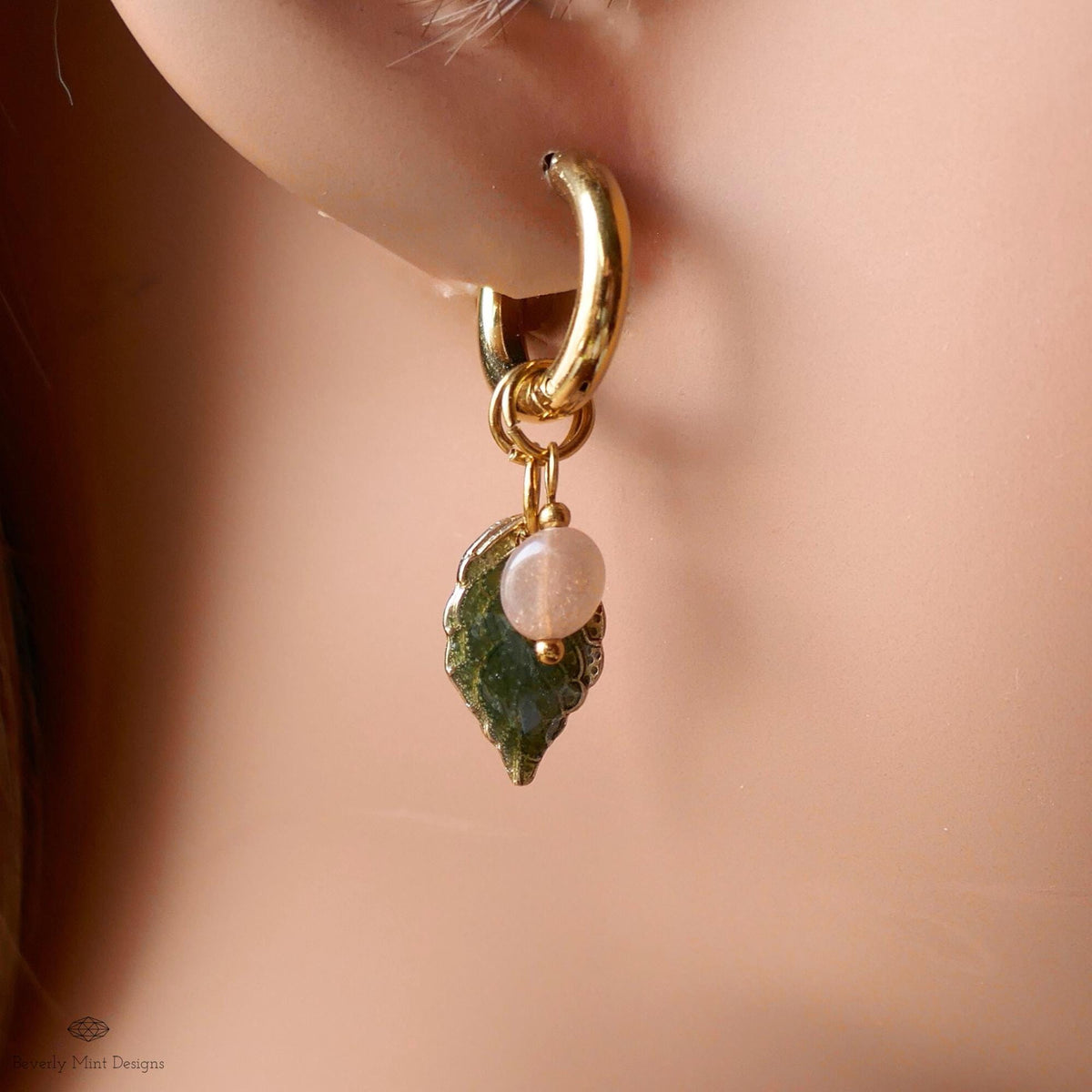 Sunstone Leaf Earrings, Gold Huggie Hoops with Natural Stone, Botanical Dangle Earrings, Nature Jewelry,