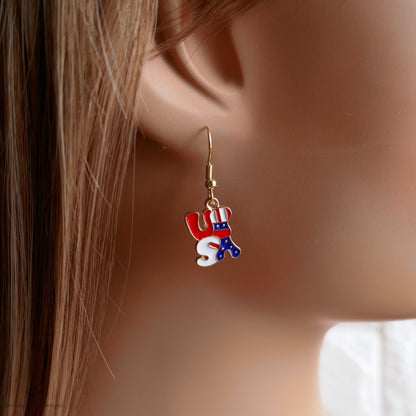 USA Patriotic Earrings, Red White Blue Dangle Jewelry, American Flag Letter Earrings, Sensitive Ear & Clip-On Options