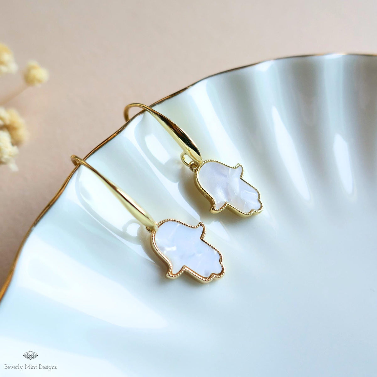 Gold Hamsa Hand Earrings, Mother of Pearl Style Drop Earrings, Dainty Spiritual Jewelry, Sensitive Ear & Clip-On Options