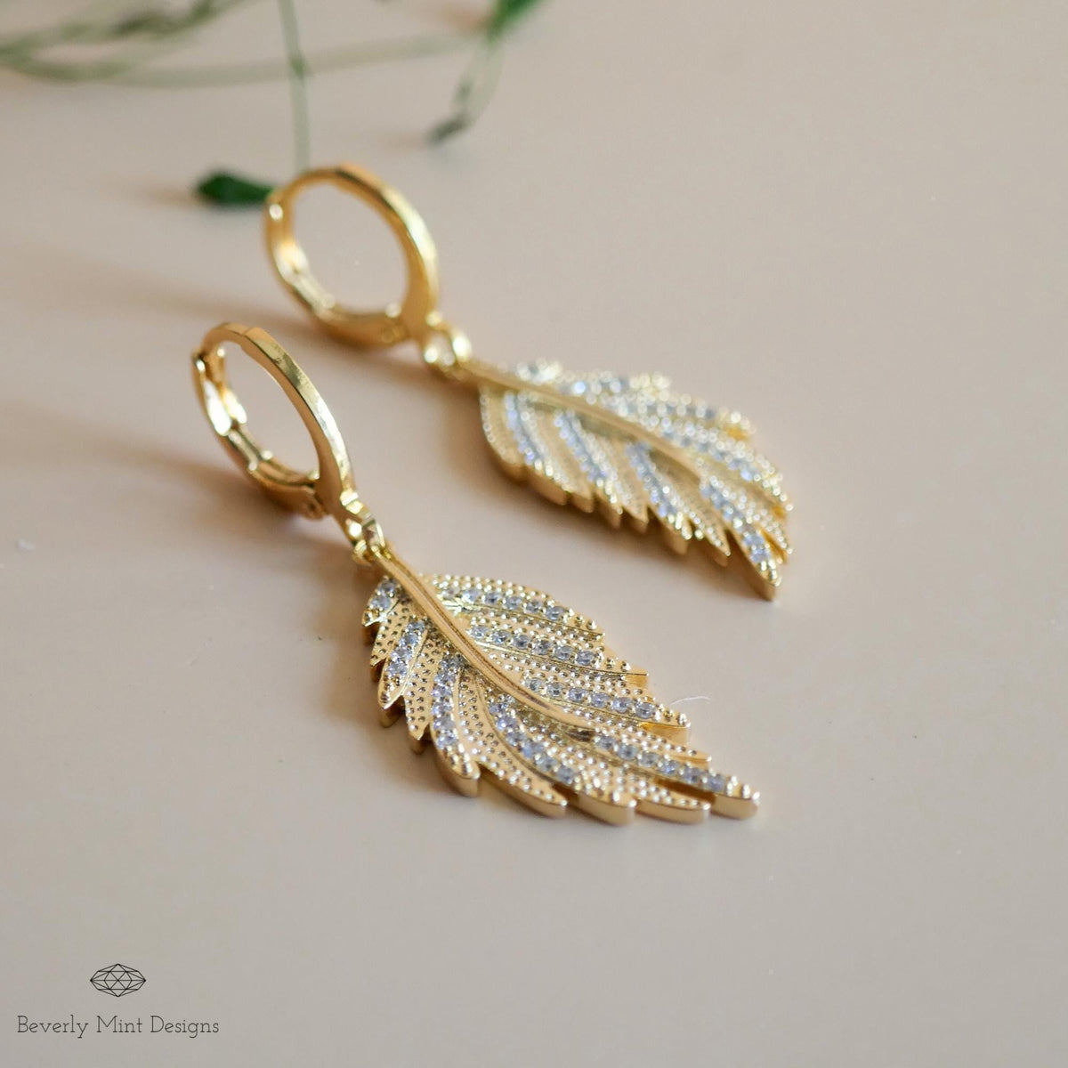 Gold Leaf Earrings with 18K Gold Posts, Leafy Dangle and Drop Earrings, Anniversary Gift, Sensitive Ear & Clip-On Options