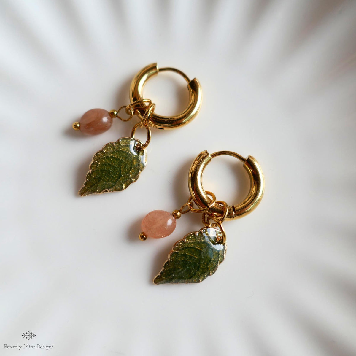 Sunstone Leaf Earrings, Gold Huggie Hoops with Natural Stone, Botanical Dangle Earrings, Nature Jewelry,