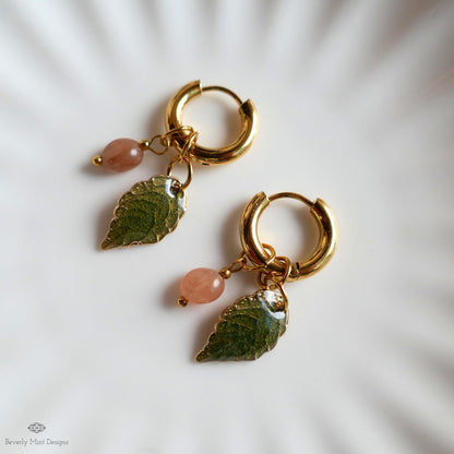 Sunstone Leaf Earrings, Gold Huggie Hoops with Natural Stone, Botanical Dangle Earrings, Nature Jewelry,