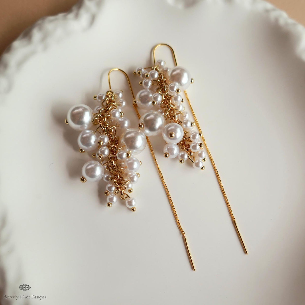 Pearl Cluster Threader Earrings, Long Statement Drop Earrings, Gold Chain Bridal Jewelry, Elegant, Sensitive Ear & Clip-On Options