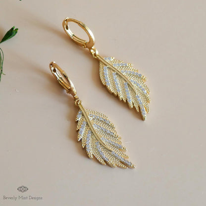 Gold Leaf Earrings with 18K Gold Posts, Leafy Dangle and Drop Earrings, Anniversary Gift, Sensitive Ear & Clip-On Options