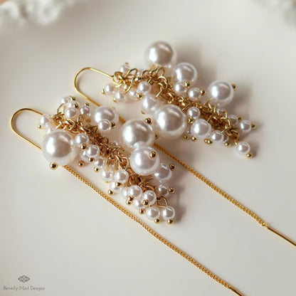 Pearl Cluster Threader Earrings, Long Statement Drop Earrings, Gold Chain Bridal Jewelry, Elegant, Sensitive Ear & Clip-On Options