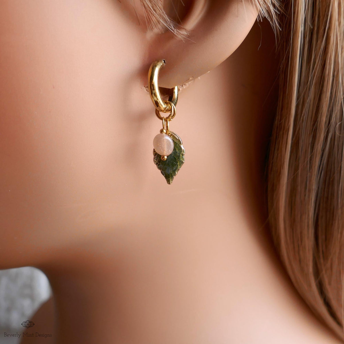 Sunstone Leaf Earrings, Gold Huggie Hoops with Natural Stone, Botanical Dangle Earrings, Nature Jewelry,