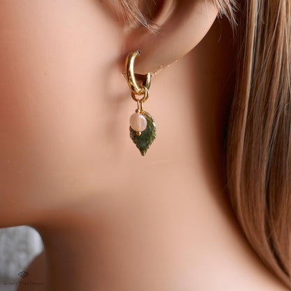 Sunstone Leaf Earrings, Gold Huggie Hoops with Natural Stone, Botanical Dangle Earrings, Nature Jewelry,