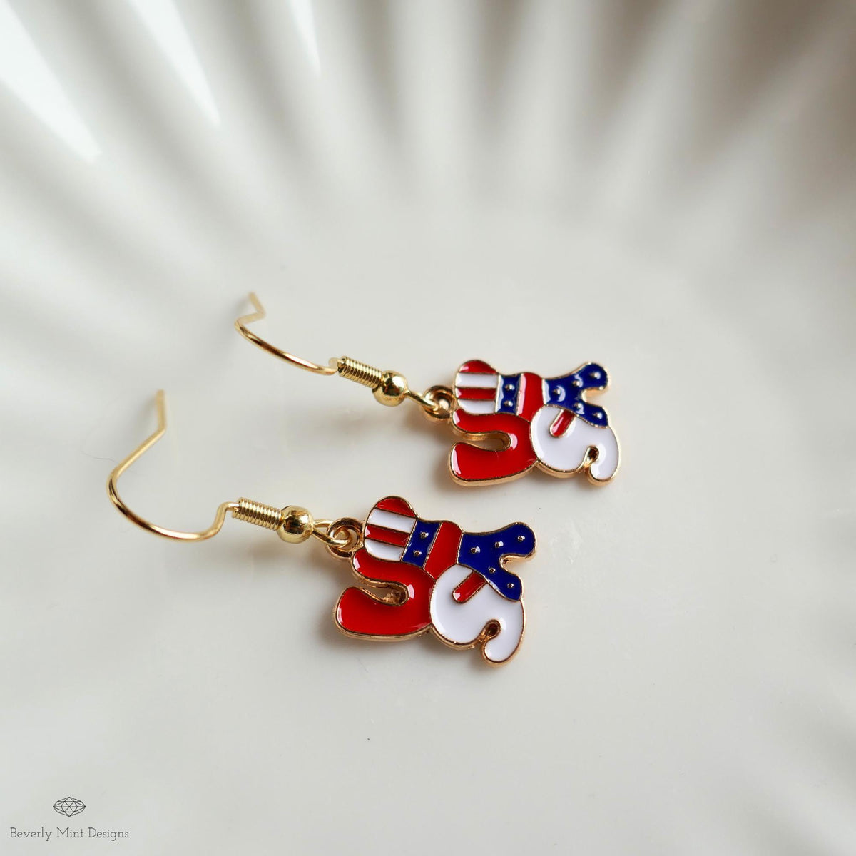 USA Patriotic Earrings, Red White Blue Dangle Jewelry, American Flag Letter Earrings, Sensitive Ear & Clip-On Options