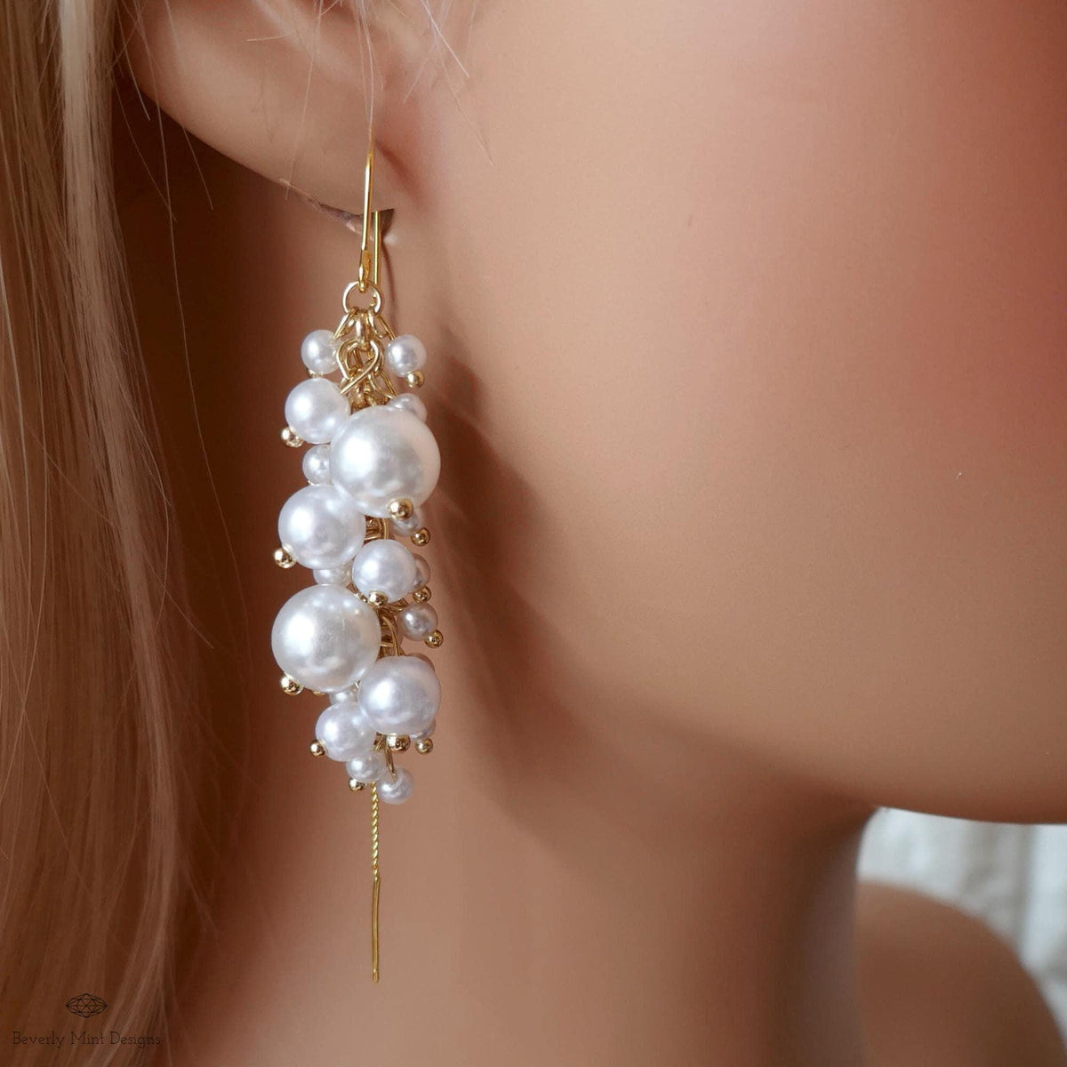 Pearl Cluster Threader Earrings, Long Statement Drop Earrings, Gold Chain Bridal Jewelry, Elegant, Sensitive Ear & Clip-On Options