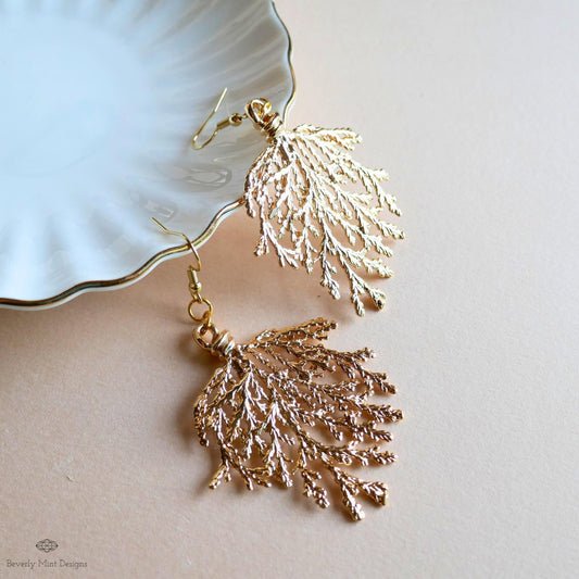 Gold Branch Earrings, Nature Inspired Large Statement Earrings, Coral Leaf Dangle Earrings, Sensitive Ear & Clip-On Options