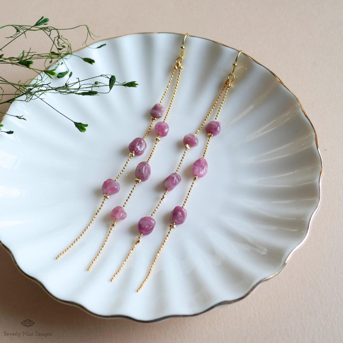 Pink Tourmaline Dangle Earrings Long Gold Chain Earrings Boho Statement Jewelry Natural Stone Earrings, Sensitive Ear & Clip-On Options
