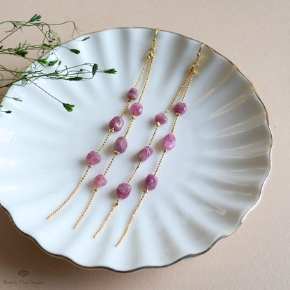 Pink Tourmaline Dangle Earrings Long Gold Chain Earrings Boho Statement Jewelry Natural Stone Earrings, Sensitive Ear & Clip-On Options