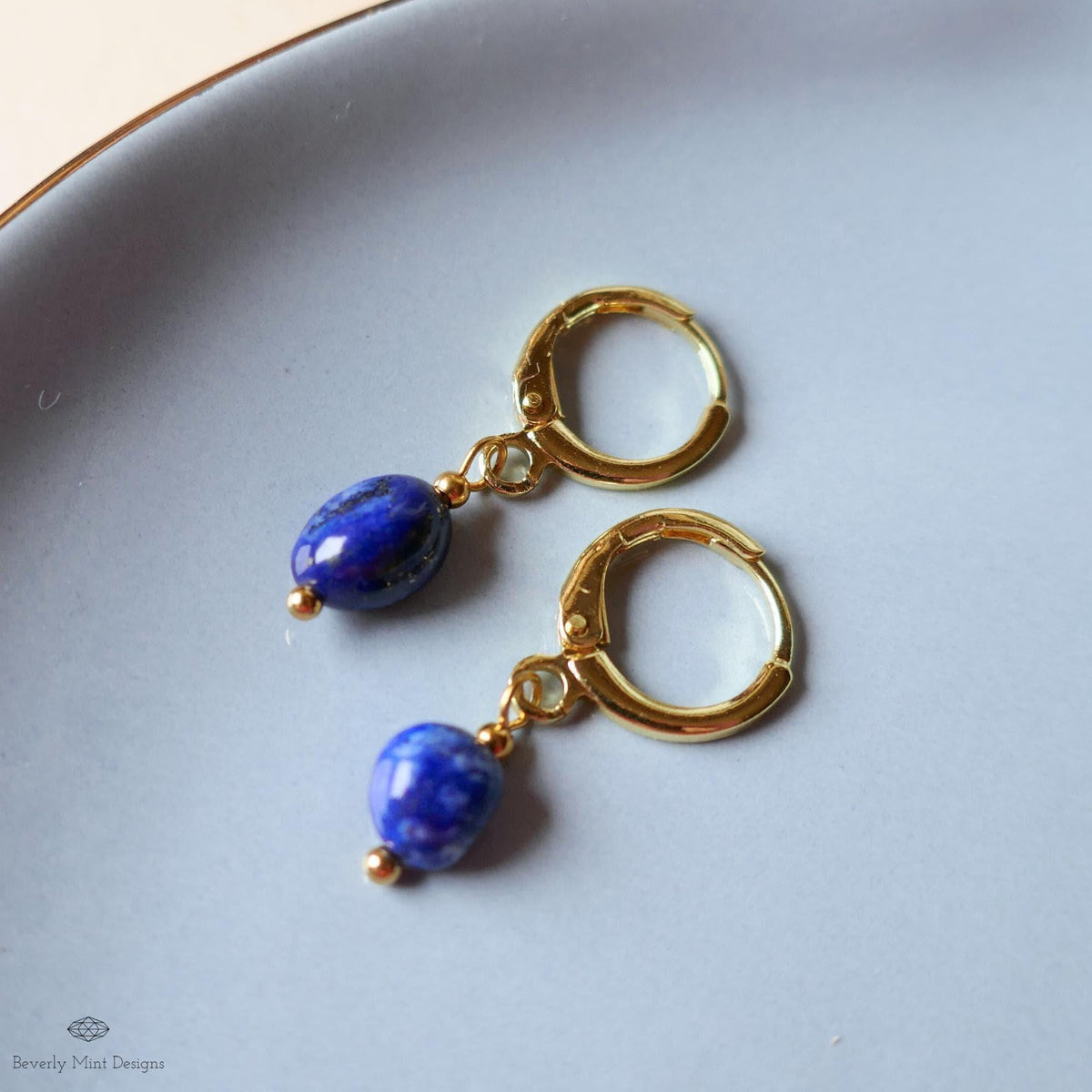 Lapis Earrings, Gold Huggie Hoop Earrings, Blue Gemstone Drop Earrings, Lapis Lazuli Jewelry, Sensitive Ear & Clip-On Options