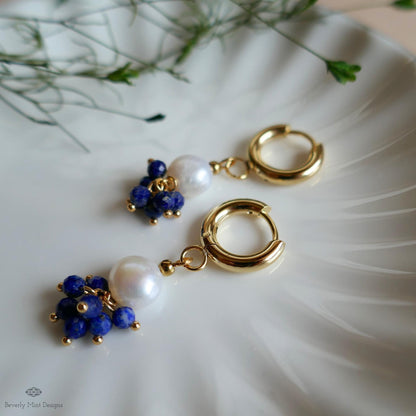 Pearl and Blue Stone Huggie Earrings, Dainty Gold Hoop Earrings, Elegant Cluster Jewelry, Bridesmaid Gift