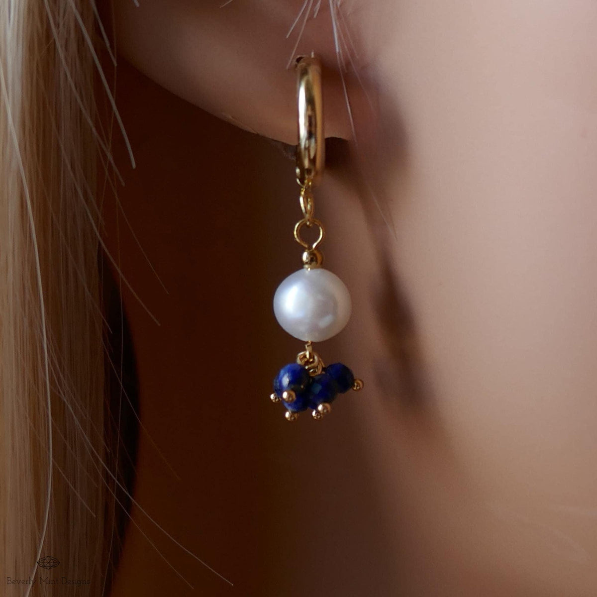 Pearl and Blue Stone Huggie Earrings, Dainty Gold Hoop Earrings, Elegant Cluster Jewelry, Bridesmaid Gift