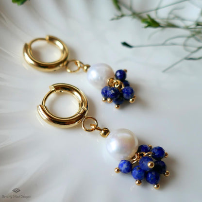 Pearl and Blue Stone Huggie Earrings, Dainty Gold Hoop Earrings, Elegant Cluster Jewelry, Bridesmaid Gift
