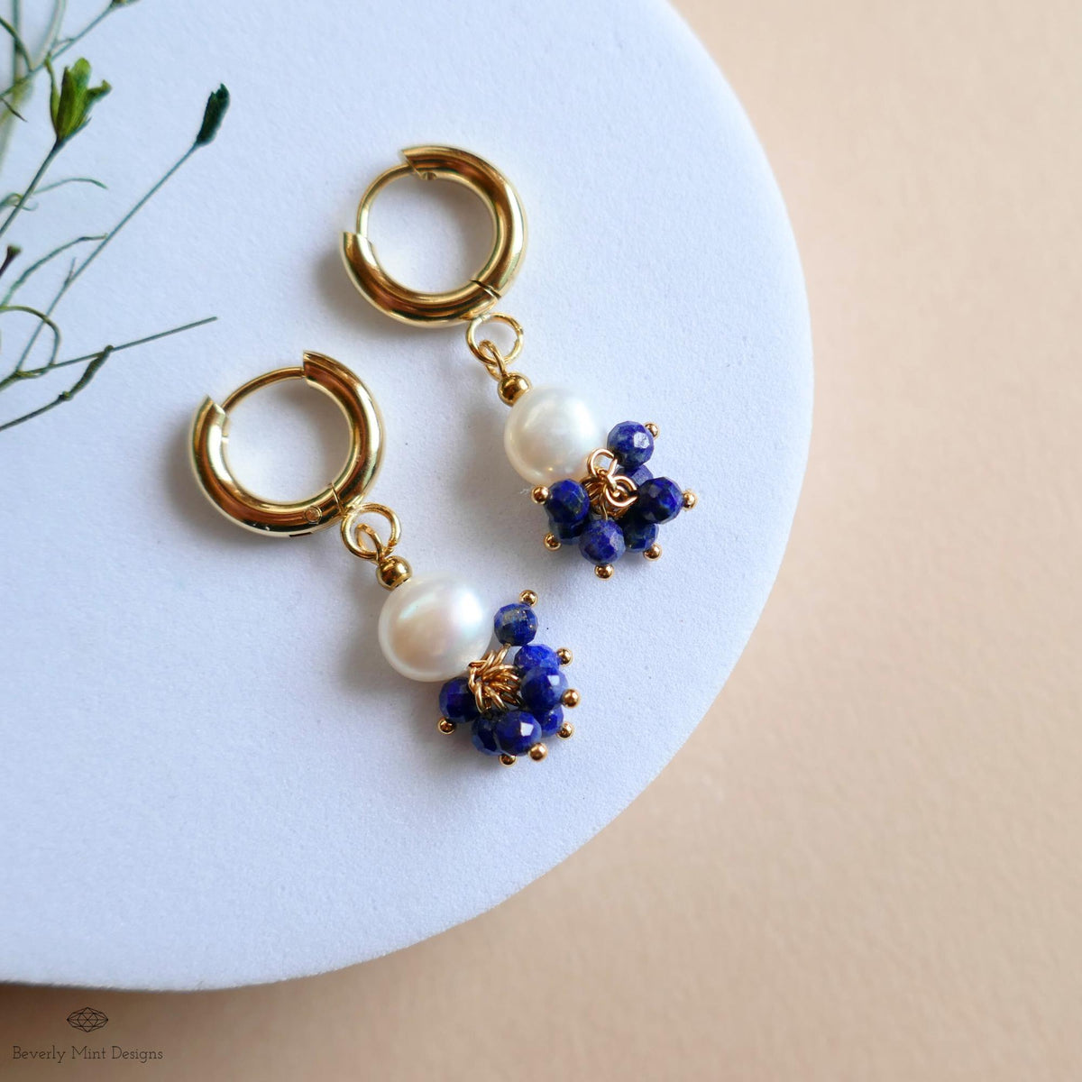Pearl and Blue Stone Huggie Earrings, Dainty Gold Hoop Earrings, Elegant Cluster Jewelry, Bridesmaid Gift