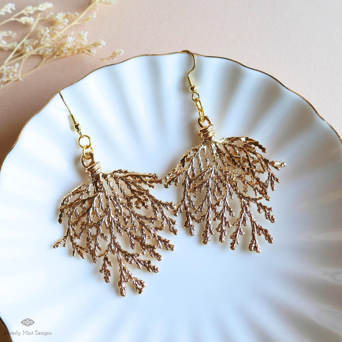 Gold Branch Earrings, Nature Inspired Large Statement Earrings, Coral Leaf Dangle Earrings, Sensitive Ear & Clip-On Options