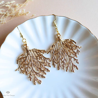 Gold Branch Earrings, Nature Inspired Large Statement Earrings, Coral Leaf Dangle Earrings, Sensitive Ear & Clip-On Options