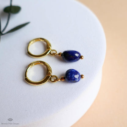 Lapis Earrings, Gold Huggie Hoop Earrings, Blue Gemstone Drop Earrings, Lapis Lazuli Jewelry, Sensitive Ear & Clip-On Options