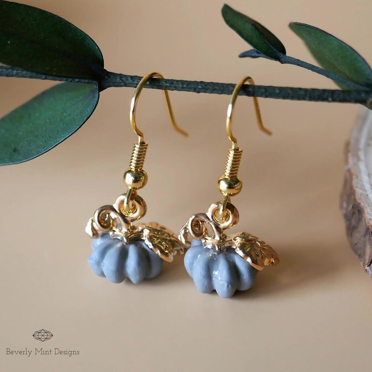 Halloween Pumpkin Earrings, Tiny Cute Grey Pumpkin Dangle Earrings, Gray Pumpkin Fall Jewelry, Sensitive Ear & Clip-On Options