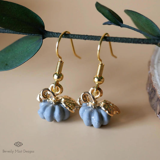 Halloween Pumpkin Earrings, Tiny Cute Grey Pumpkin Dangle Earrings, Gray Pumpkin Fall Jewelry, Sensitive Ear & Clip-On Options