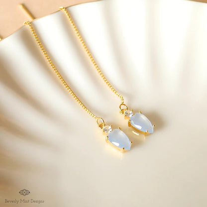 Blue Stone Earrings, Pale Blue Gold Threader Earrings, Small Light Blue Earrings with leafy charm, Sensitive Ear & Clip-On Options