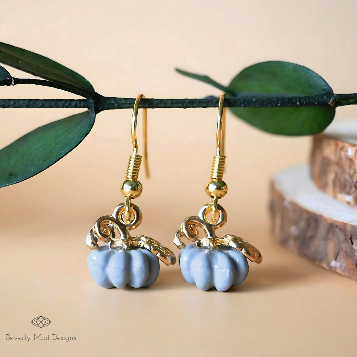 Halloween Pumpkin Earrings, Tiny Cute Grey Pumpkin Dangle Earrings, Gray Pumpkin Fall Jewelry, Sensitive Ear & Clip-On Options