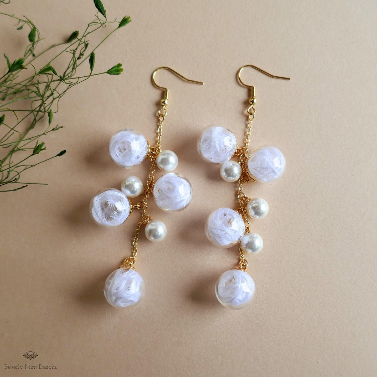 Bubble Earrings Dangle Glass Beaded Earrings with Pearls Gold Chain Lightweight Fairycore Bridal Jewelry, Sensitive Ear & Clip-On Options