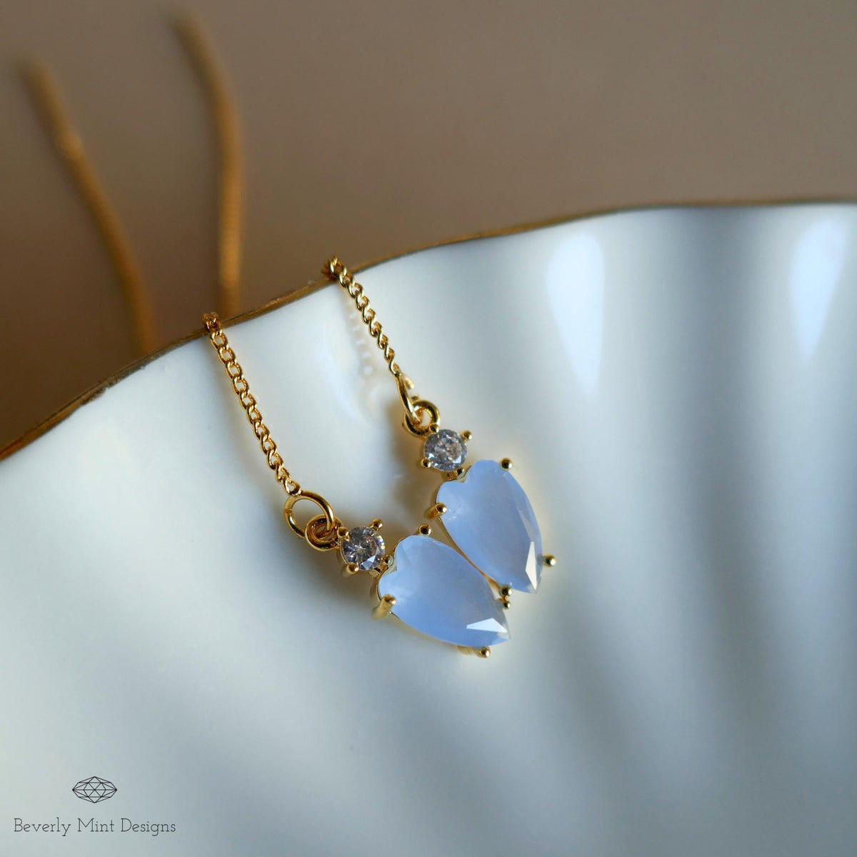 Blue Stone Earrings, Pale Blue Gold Threader Earrings, Small Light Blue Earrings with leafy charm, Sensitive Ear & Clip-On Options