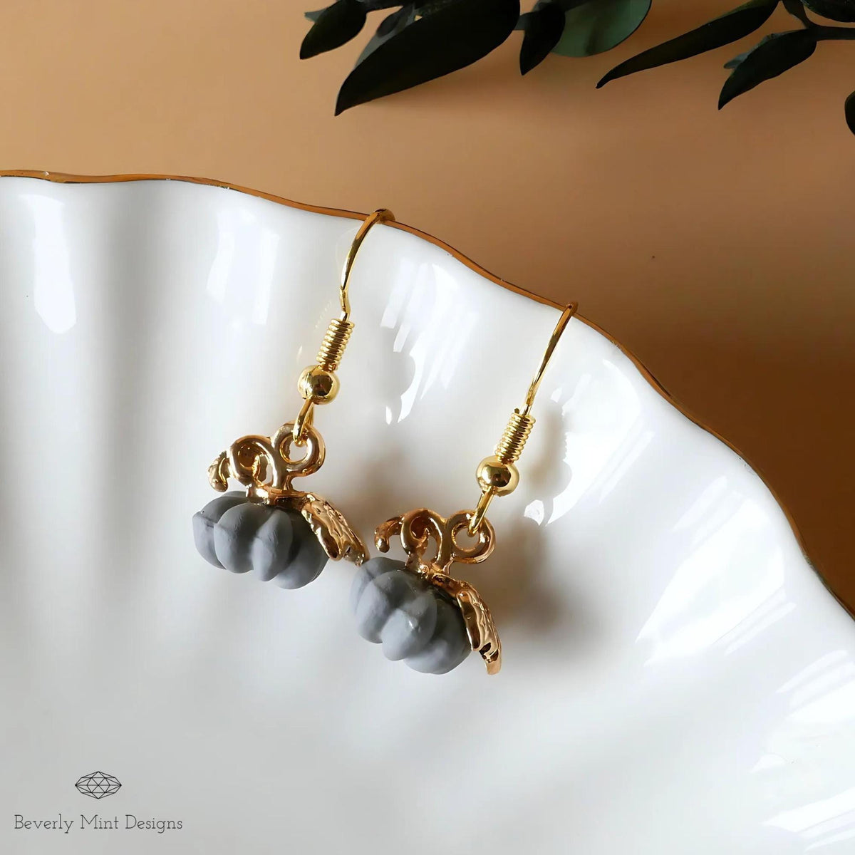 Halloween Pumpkin Earrings, Tiny Cute Grey Pumpkin Dangle Earrings, Gray Pumpkin Fall Jewelry, Sensitive Ear & Clip-On Options